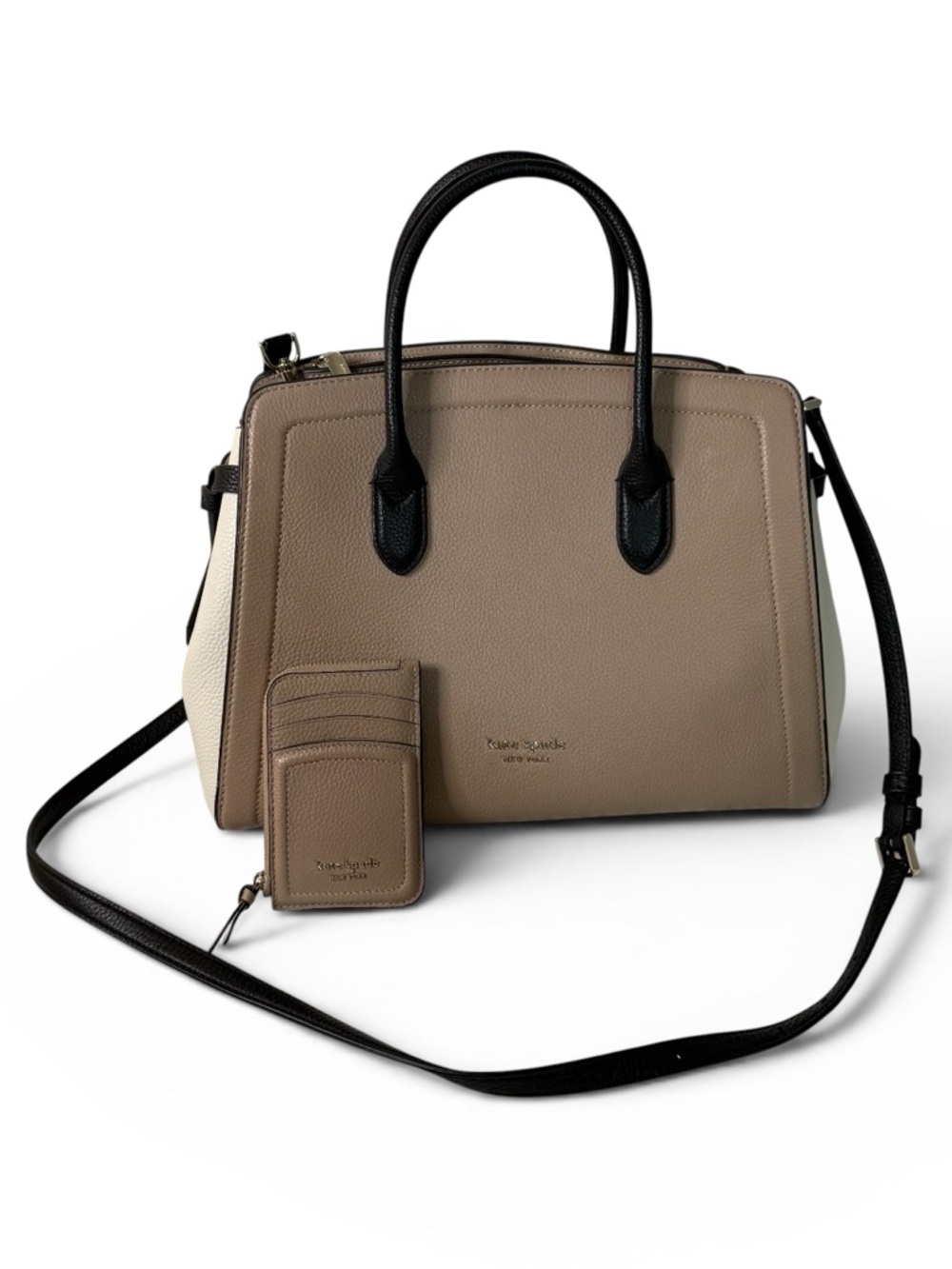 Kate Spade Knott Medium Satchel Beige Pebbled Leather with Knott Zip Cardholder
